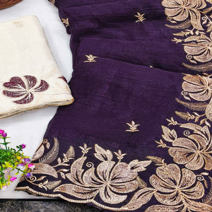 Deep Purple Golden Thread Embroidered Chiffon Saree for Elegant Evening & Celebration Styling