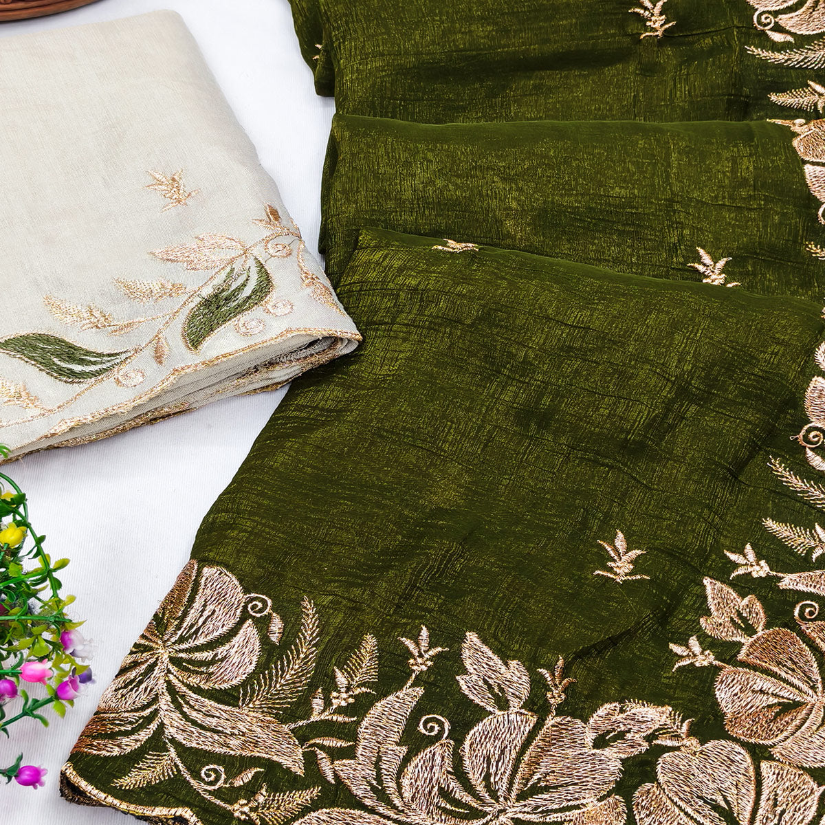 Green Golden Thread Embroidered Chiffon Saree for Elegant Evening & Celebration Styling