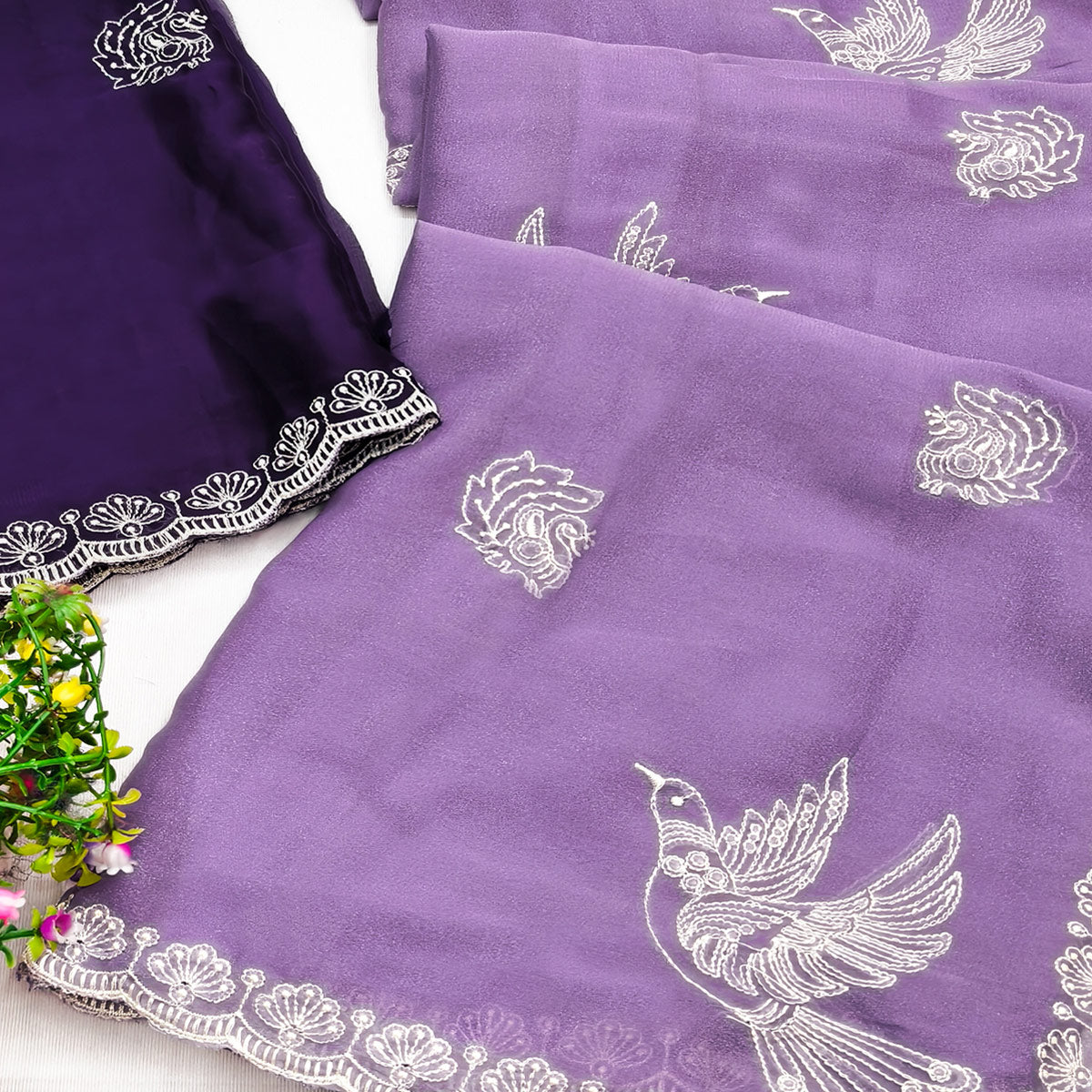 Lightweight Chiffon Saree in Lavender with Exquisite Thread Embroidered Detailing