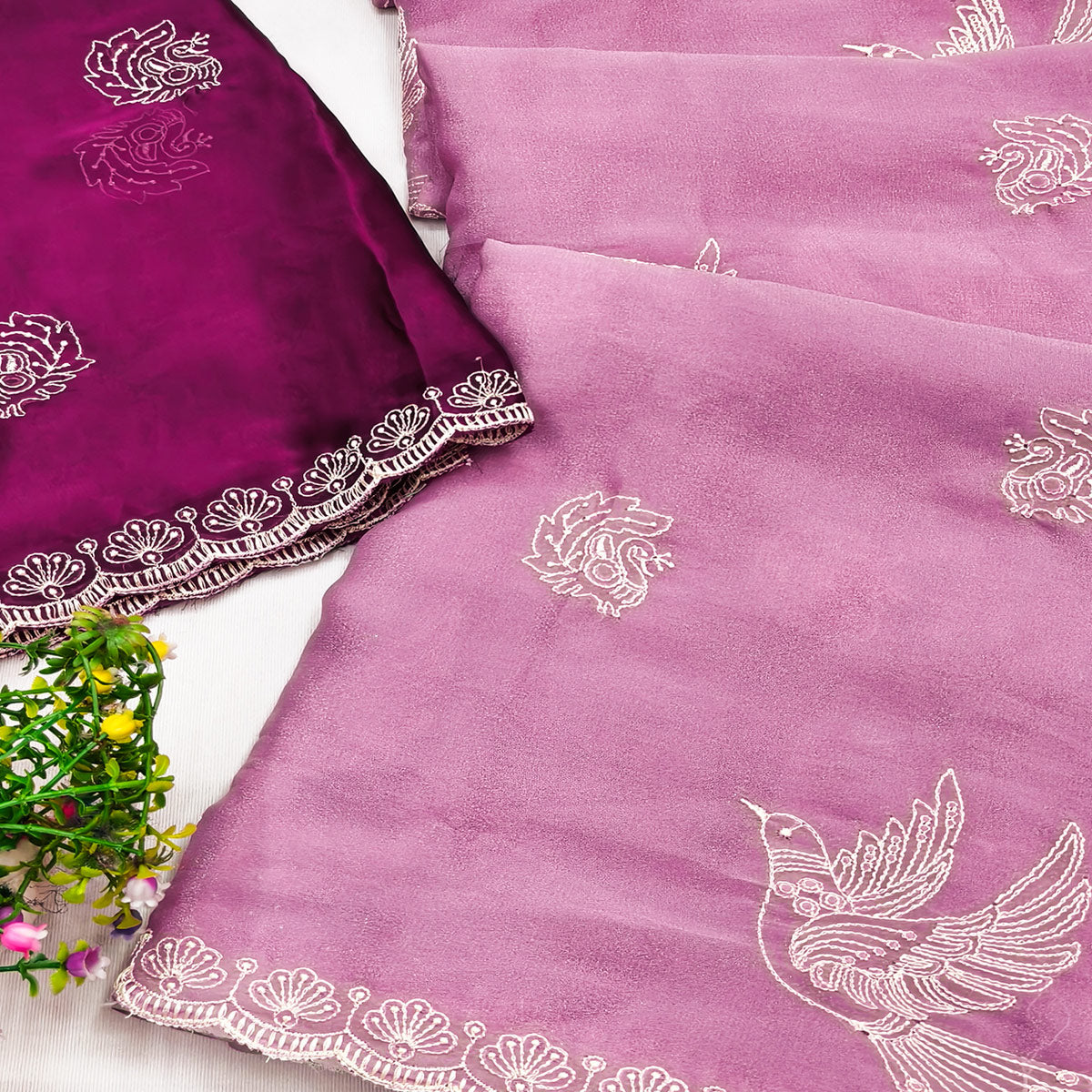 Lightweight Chiffon Saree in Light Purple with Exquisite Thread Embroidered Detailing