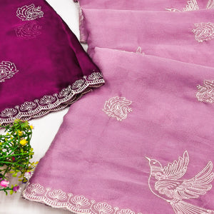 Lightweight Chiffon Saree in Light Purple with Exquisite Thread Embroidered Detailing