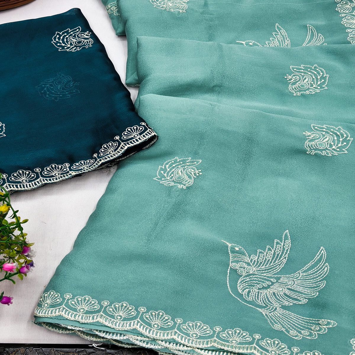 Lightweight Chiffon Saree in Turquoise with Exquisite Thread Embroidered Detailing