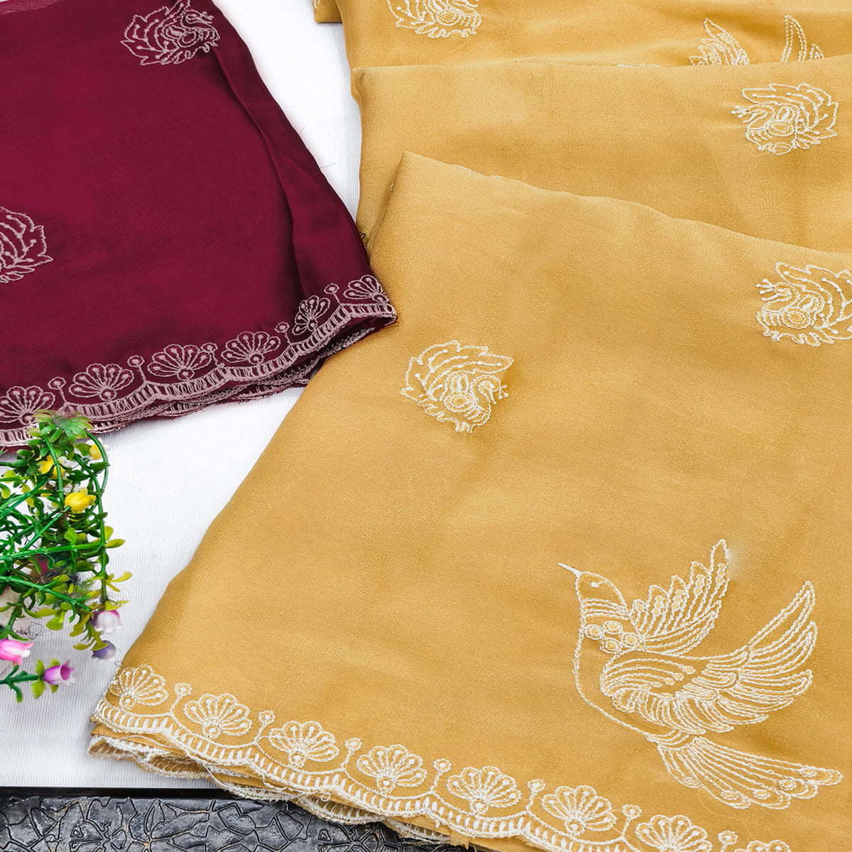 Lightweight Chiffon Saree in Yellow with Exquisite Thread Embroidered Detailing