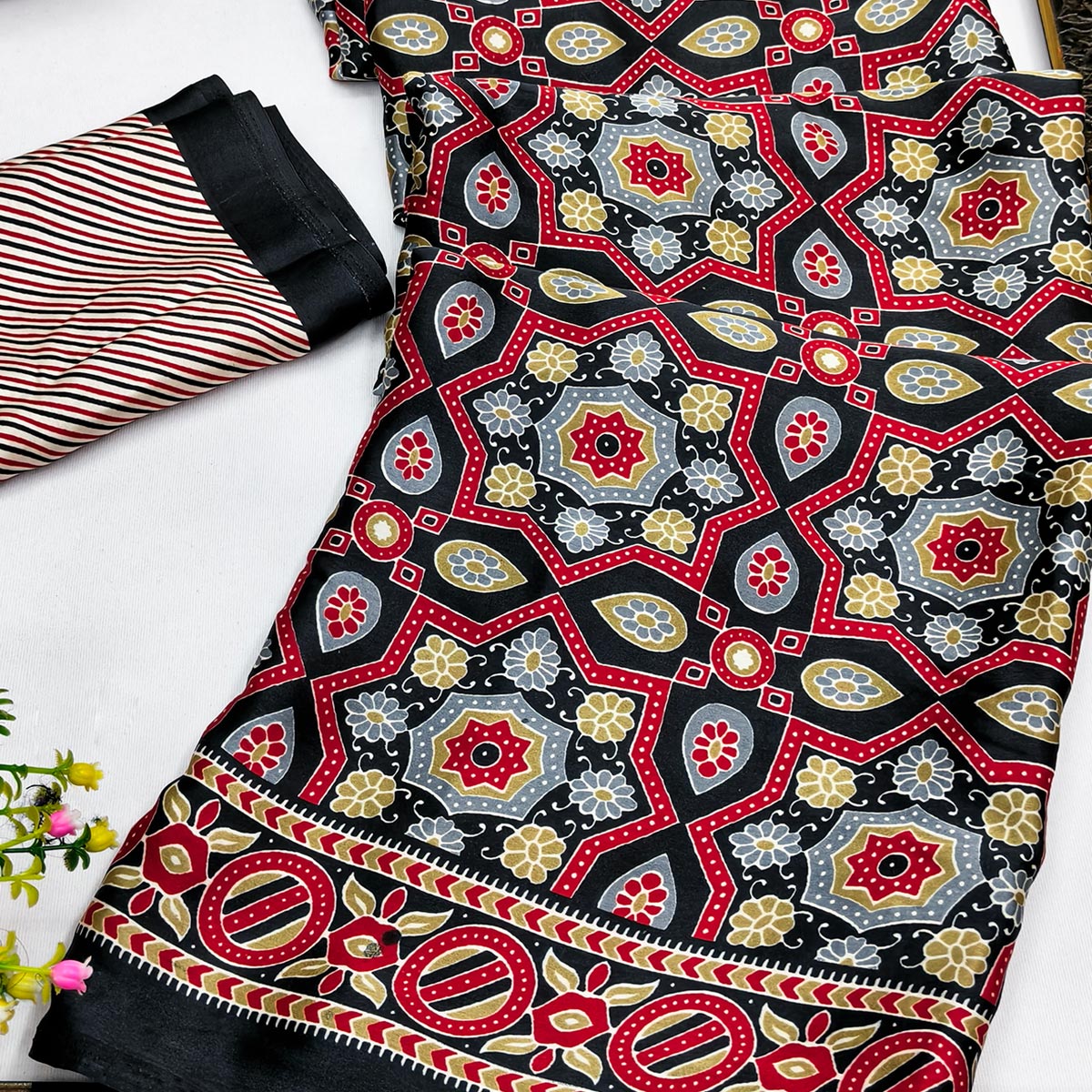 Modern Style Black Ajrakh Printed Crepe Silk Saree for Elegant Party Occasions