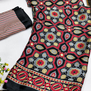 Modern Style Black Ajrakh Printed Crepe Silk Saree for Elegant Party Occasions