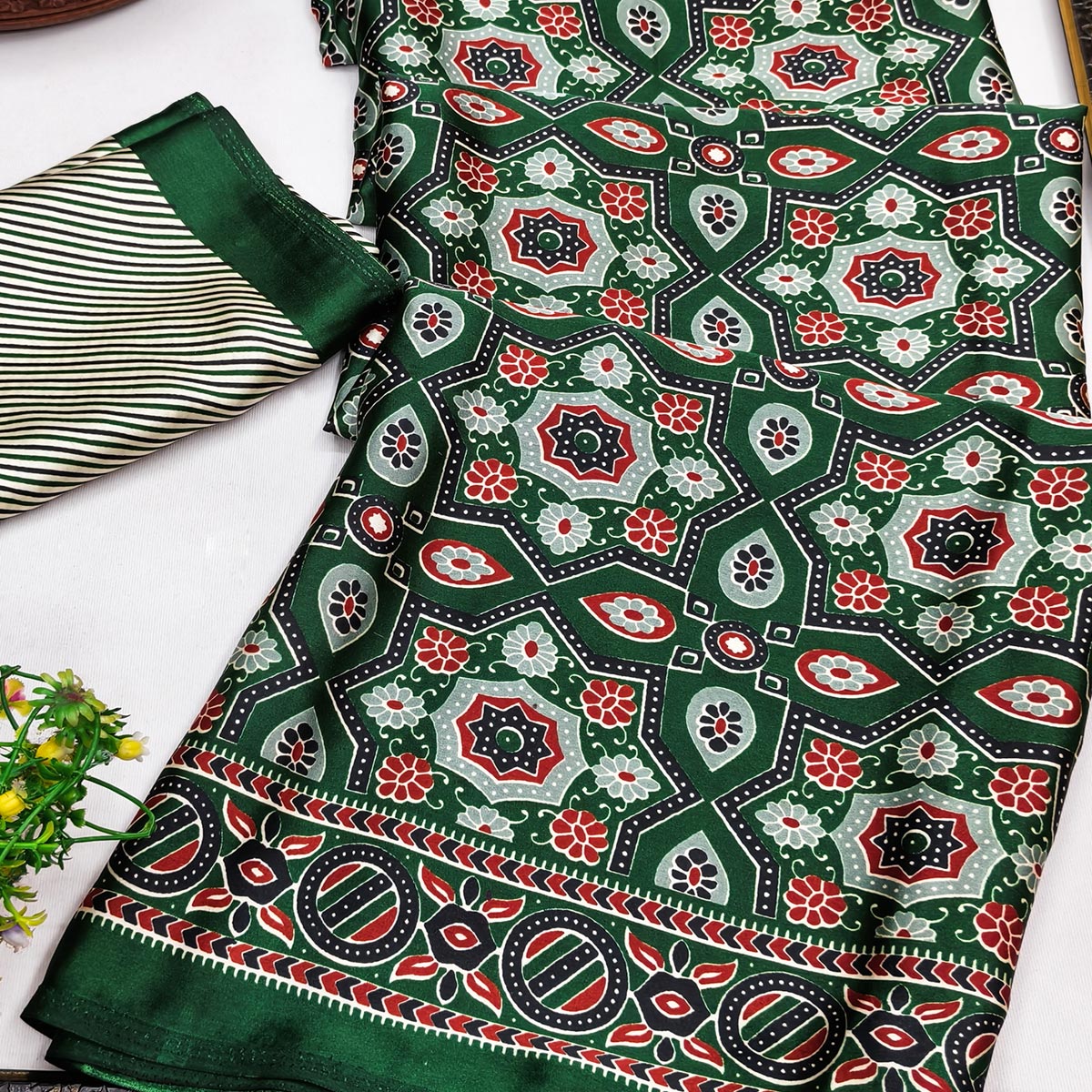 Modern Style Green Ajrakh Printed Crepe Silk Saree for Elegant Party Occasions
