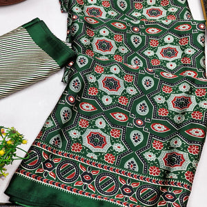 Modern Style Green Ajrakh Printed Crepe Silk Saree for Elegant Party Occasions