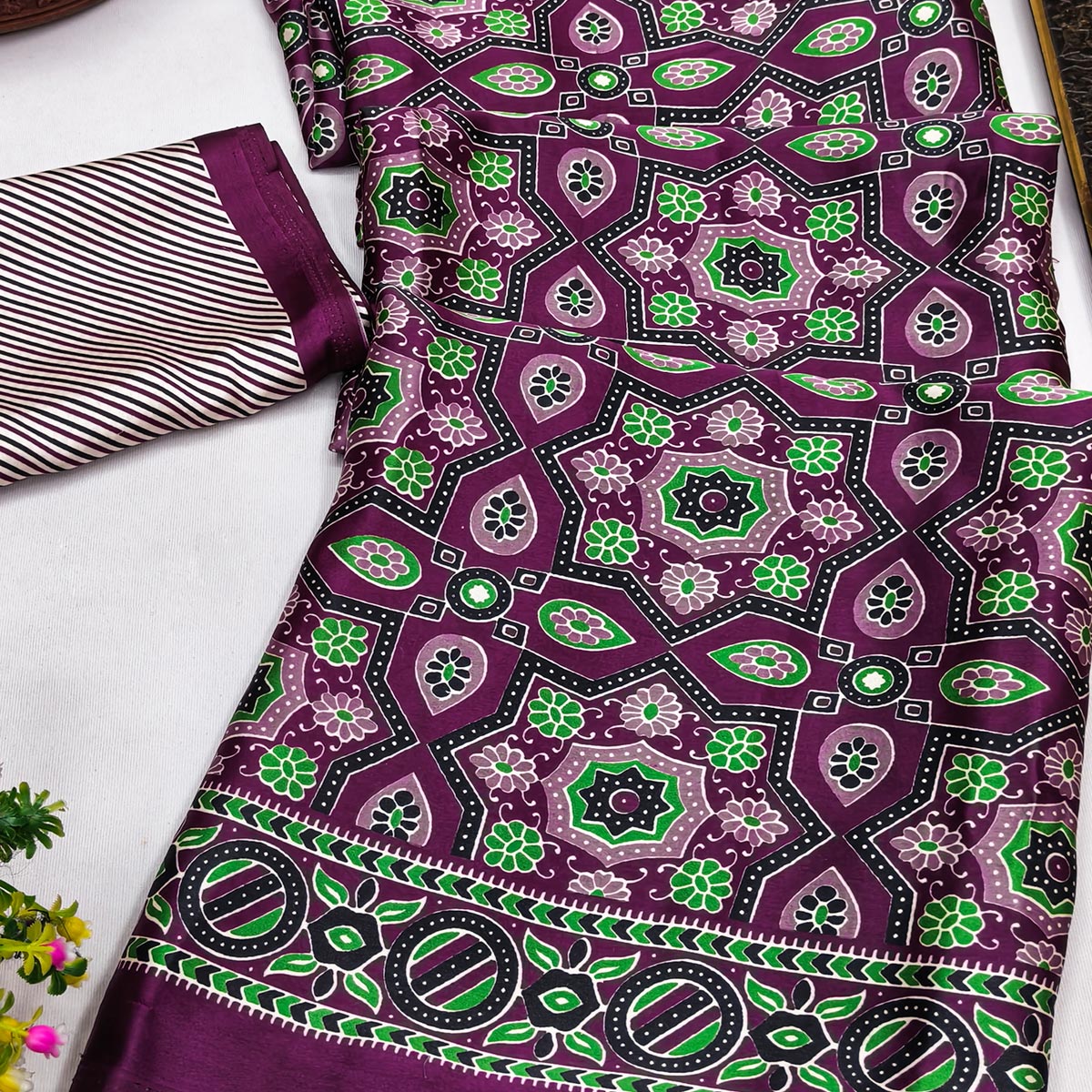 Modern Style Magenta Ajrakh Printed Crepe Silk Saree for Elegant Party Occasions