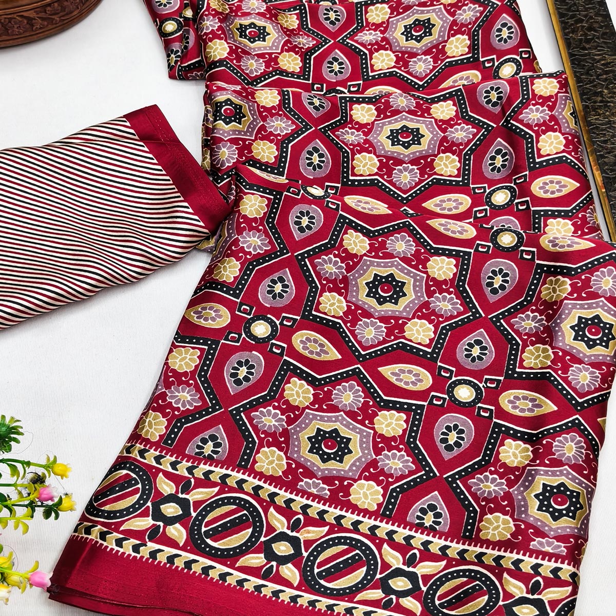 Modern Style Maroon Ajrakh Printed Crepe Silk Saree for Elegant Party Occasions