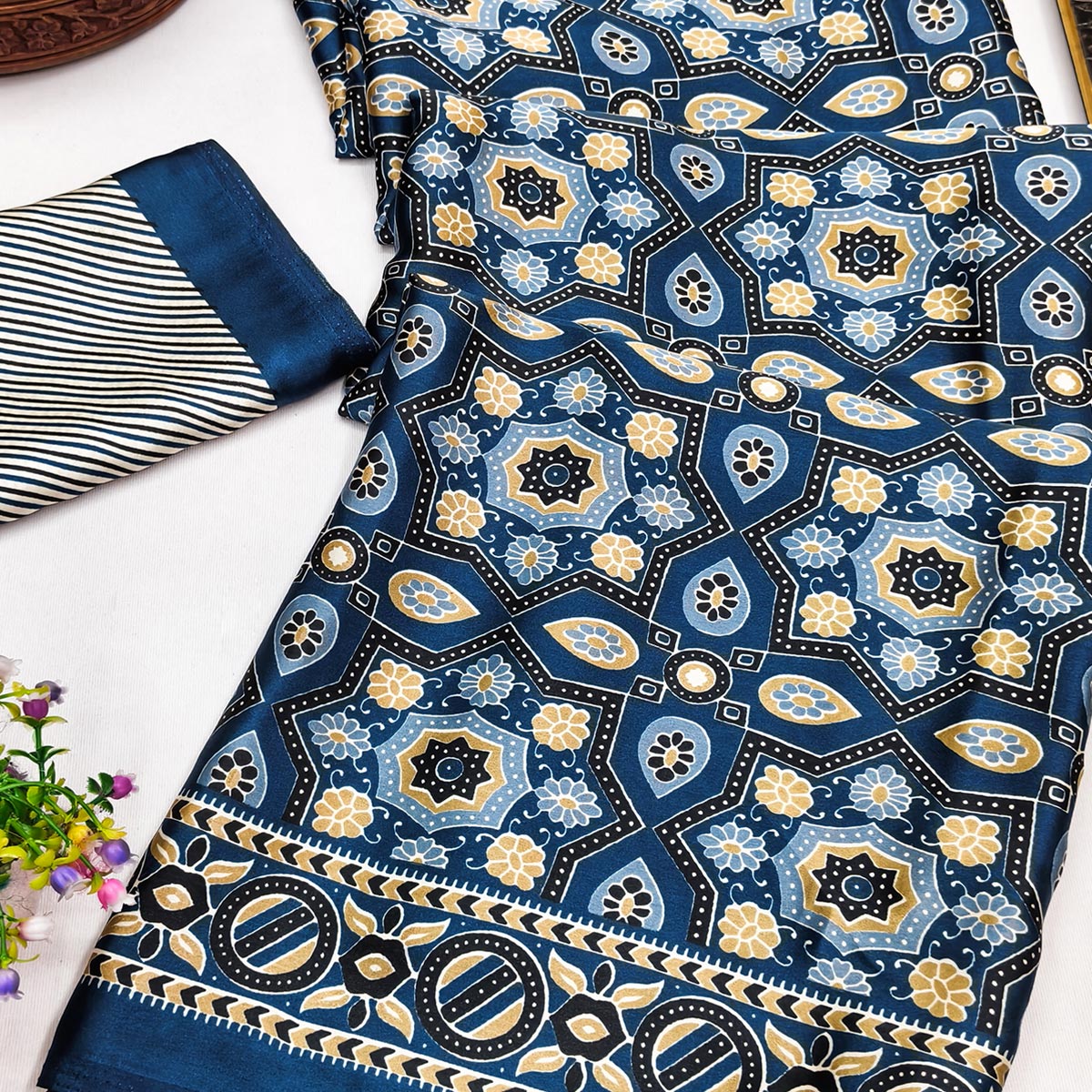 Modern Style Teal Ajrakh Printed Crepe Silk Saree for Elegant Party Occasions