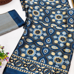 Modern Style Teal Ajrakh Printed Crepe Silk Saree for Elegant Party Occasions
