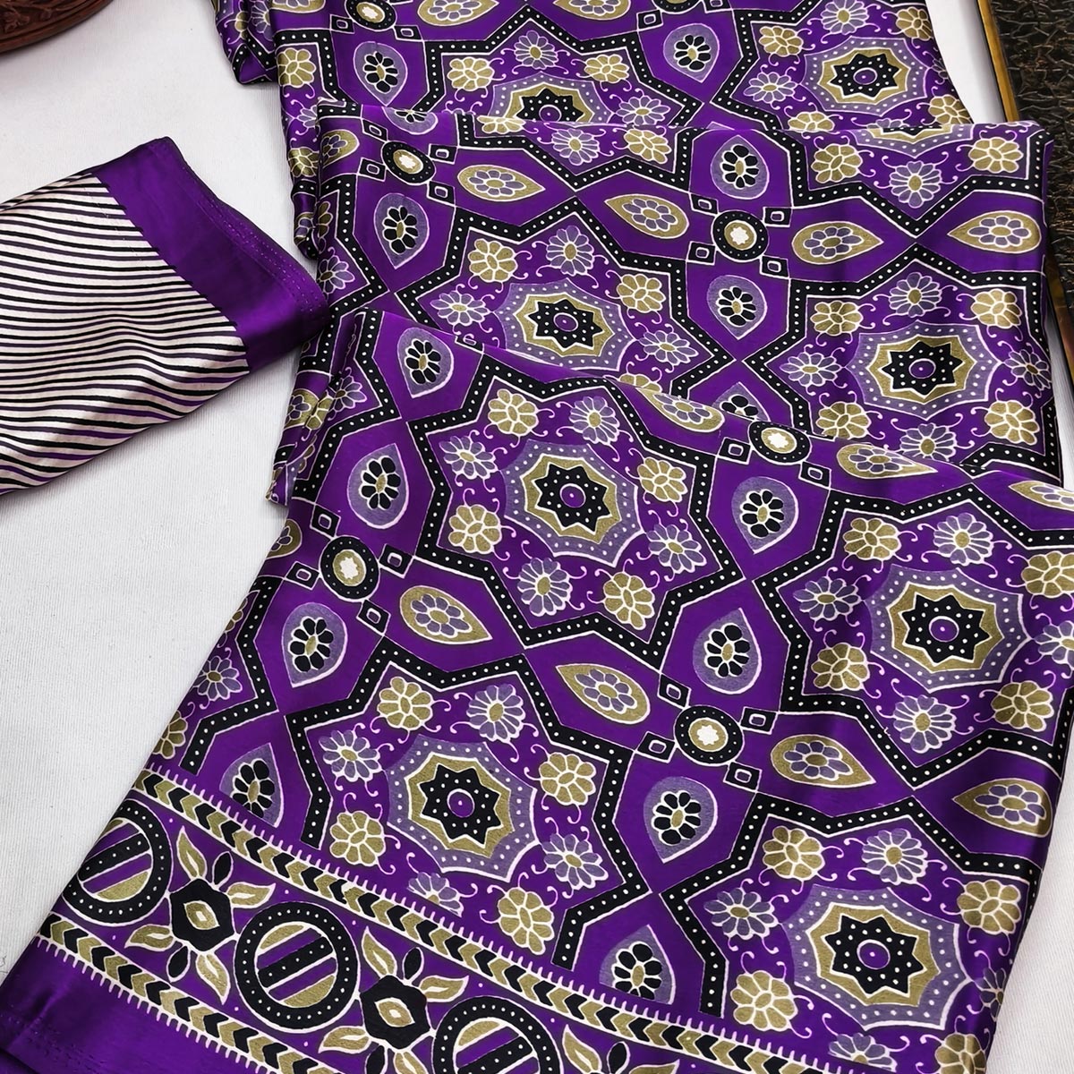 Modern Style Violet Ajrakh Printed Crepe Silk Saree for Elegant Party Occasions