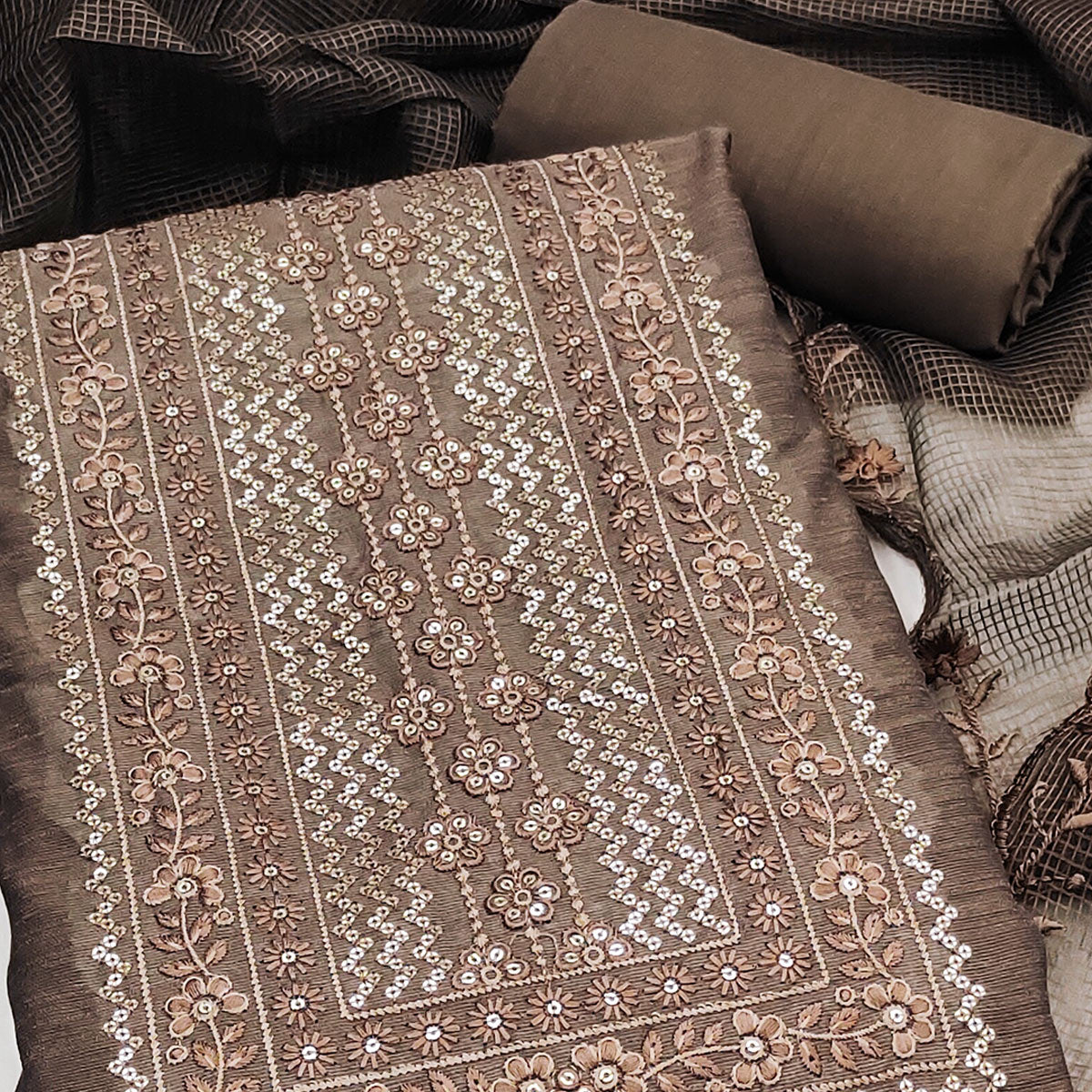Classic Brown Chanderi Silk Dress Material With Exquisite Floral Sequins Embroidery