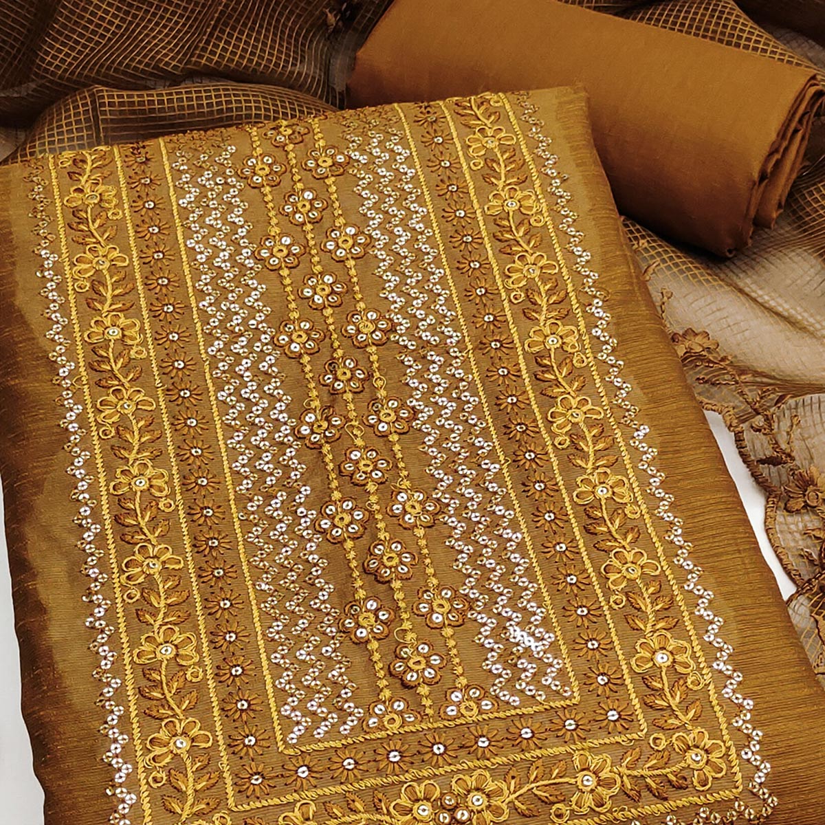 Classic Dark Mustard Chanderi Silk Dress Material With Exquisite Floral Sequins Embroidery