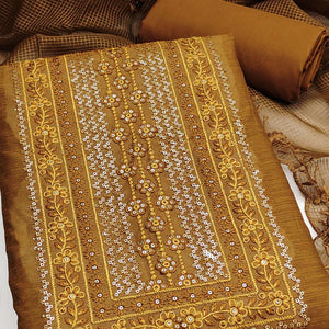 Classic Dark Mustard Chanderi Silk Dress Material With Exquisite Floral Sequins Embroidery