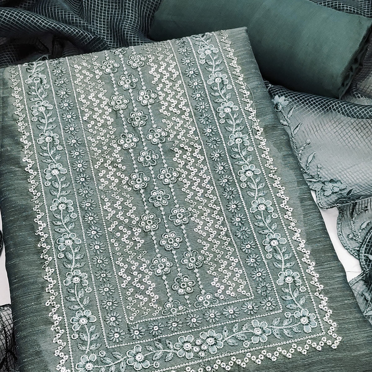 Classic Green Chanderi Silk Dress Material With Exquisite Floral Sequins Embroidery