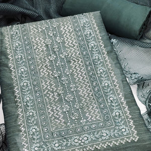 Classic Green Chanderi Silk Dress Material With Exquisite Floral Sequins Embroidery