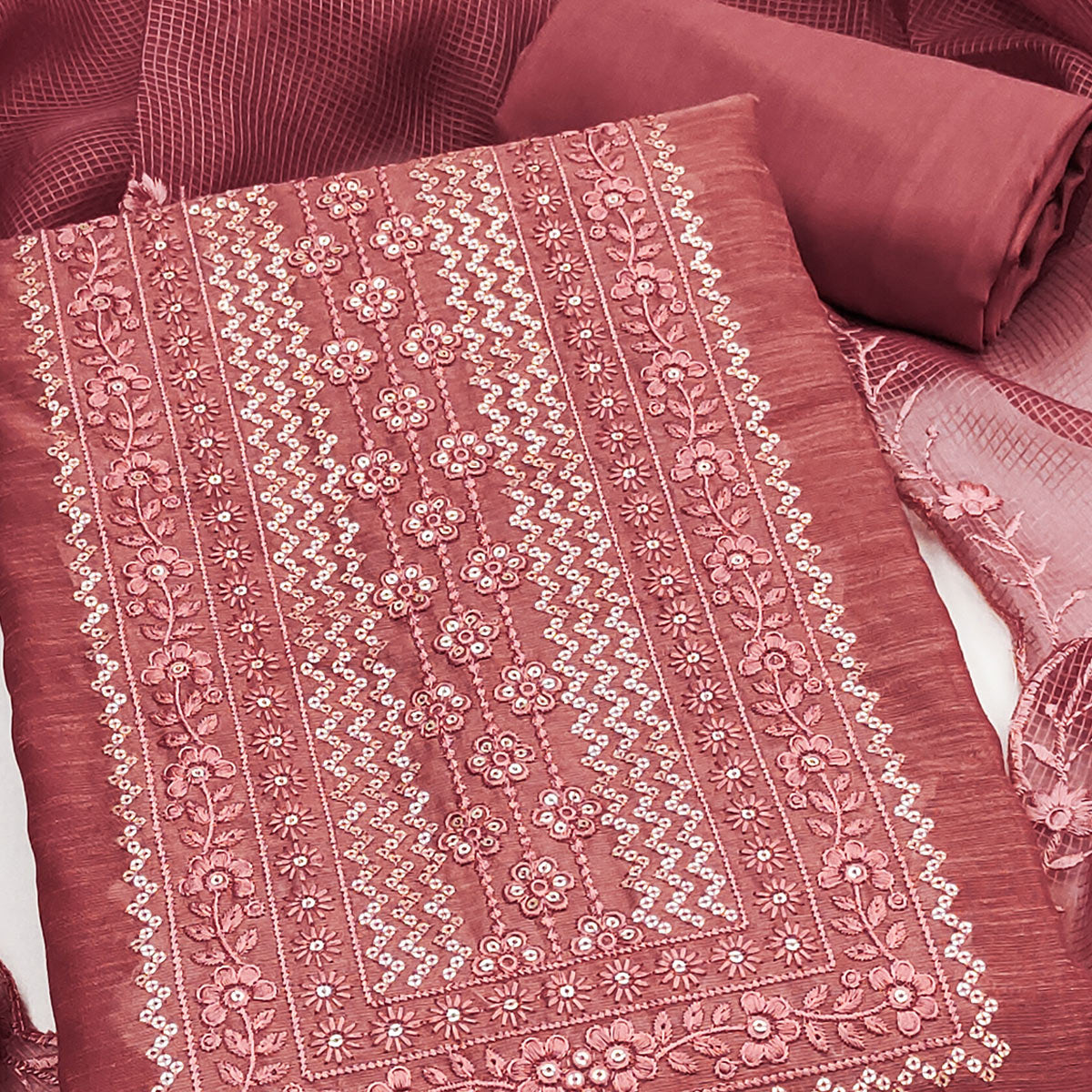 Classic Pink Chanderi Silk Dress Material With Exquisite Floral Sequins Embroidery