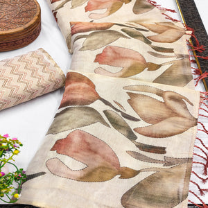 Stylish Beige Floral Print Art Silk Saree Enhanced With Tassel Pallu