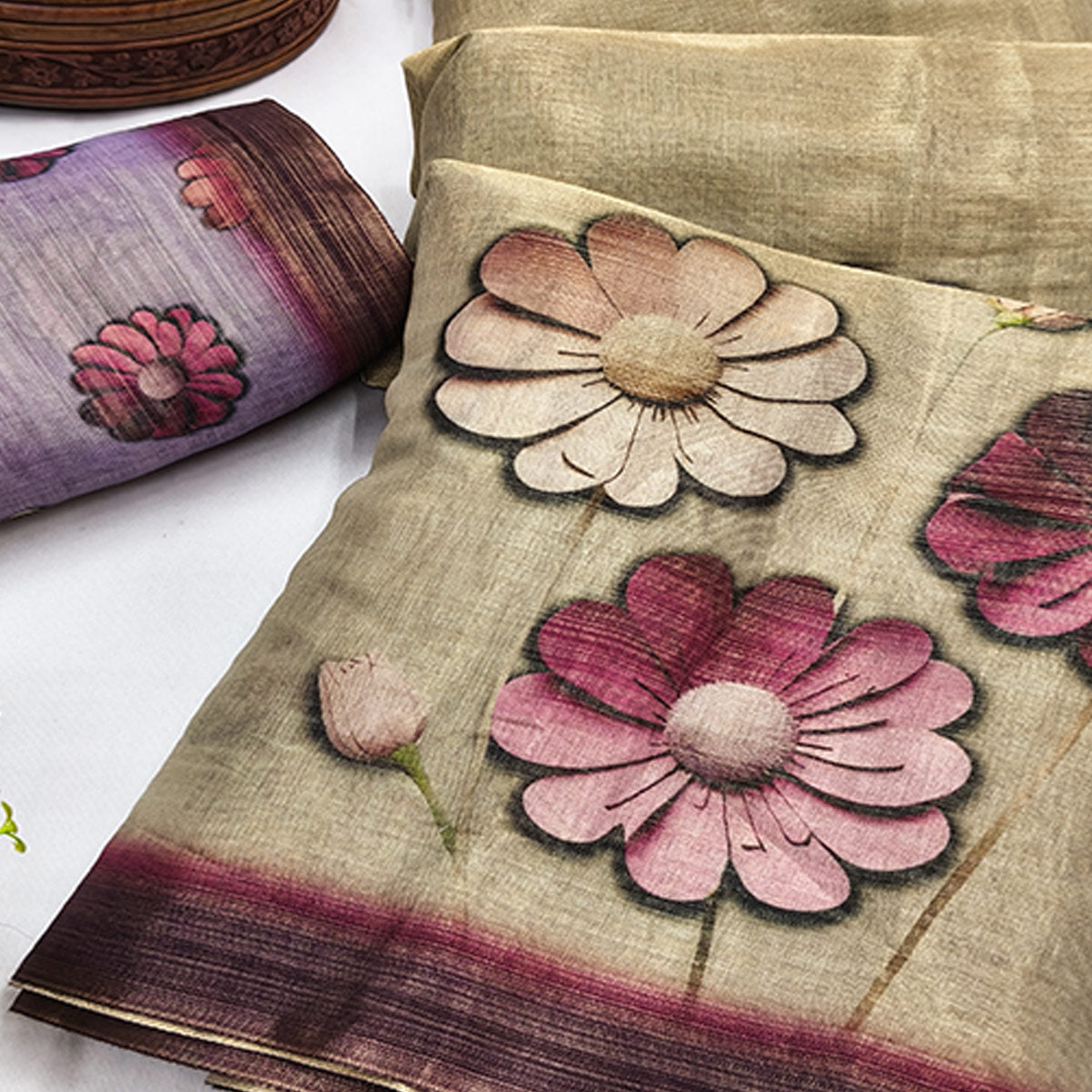 Elegant Chikoo Floral Digital Print Art Silk Saree For Timeless Charm