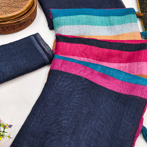 Navy Blue Linen Saree Designed with Modern Striped Prints and Trendy Tassel Detailing