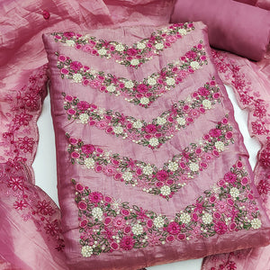 Designer Pink Gold Crush Organza Dress Material With Intricate Floral Thread & Sequins Detailing