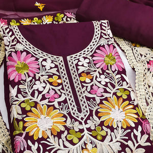 Elegant Wine Floral Thread Embroidered Rayon Dress Material