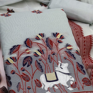 Premium Grey Chanderi Silk Weaving Dress Material With Artistic Floral & Animal Motifs