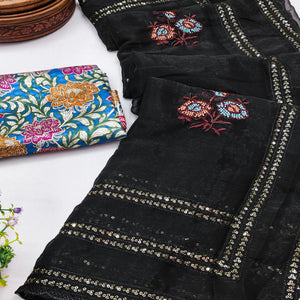 Black Floral Sequins Embroidered Organza Saree for Special Occasions