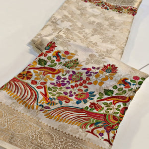 Off white Dola Silk Fabric with Multicolor Peacock & Floral Weaving