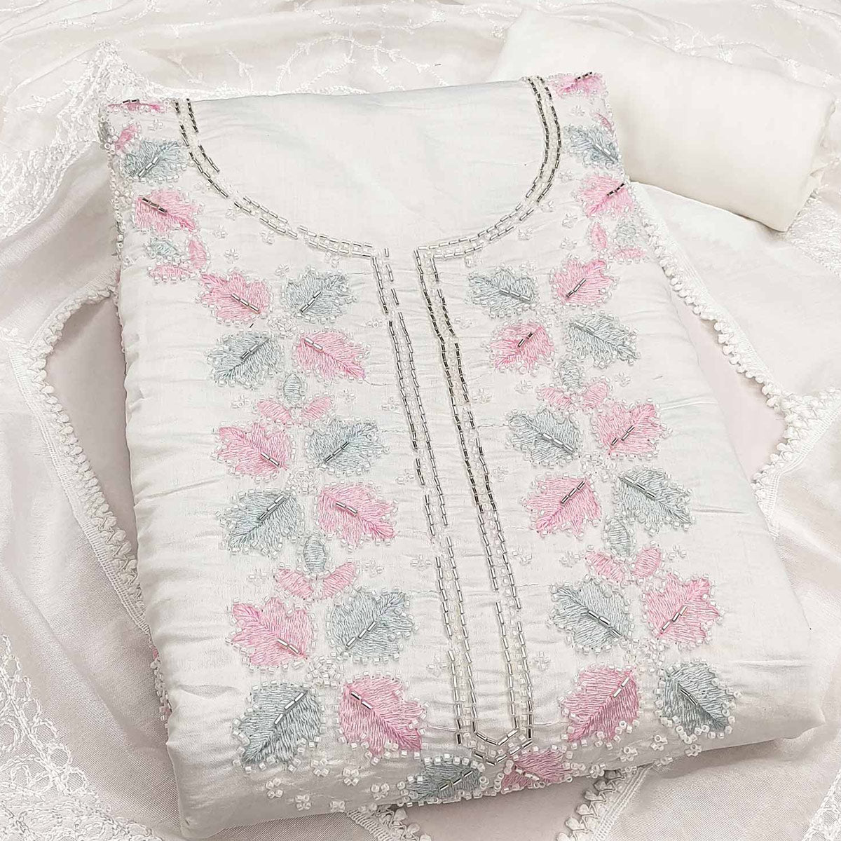 Festive White Chanderi Silk Dress Material with Exquisite Embroidery and Beads Highlights