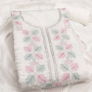 Festive White Chanderi Silk Dress Material with Exquisite Embroidery and Beads Highlights