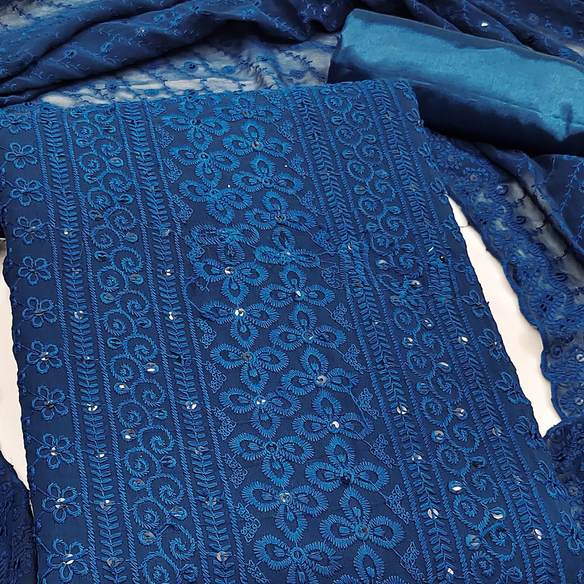 Lightweight Blue Georgette Dress Material Adorned with Beautiful Floral Embroidery