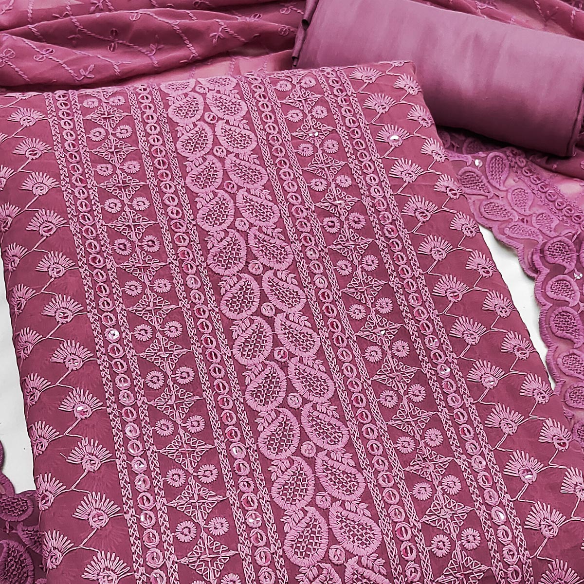 Lightweight Mauve Georgette Dress Material Adorned with Beautiful Floral Embroidery