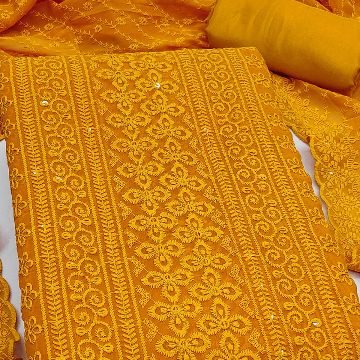 Lightweight Mustard Georgette Dress Material Adorned with Beautiful Floral Embroidery