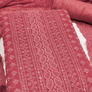 Lightweight Peach Georgette Dress Material Adorned with Beautiful Floral Embroidery