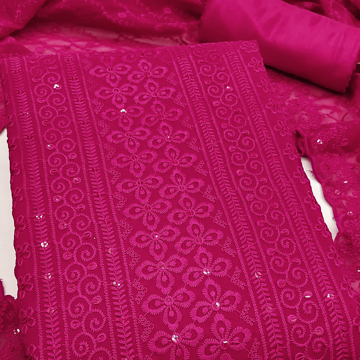 Lightweight Pink Georgette Dress Material Adorned with Beautiful Floral Embroidery