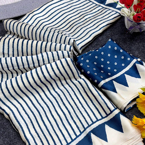 Party Perfect Off White & Blue Saree Crafted in Cream Crepe Fabric with Striped Print