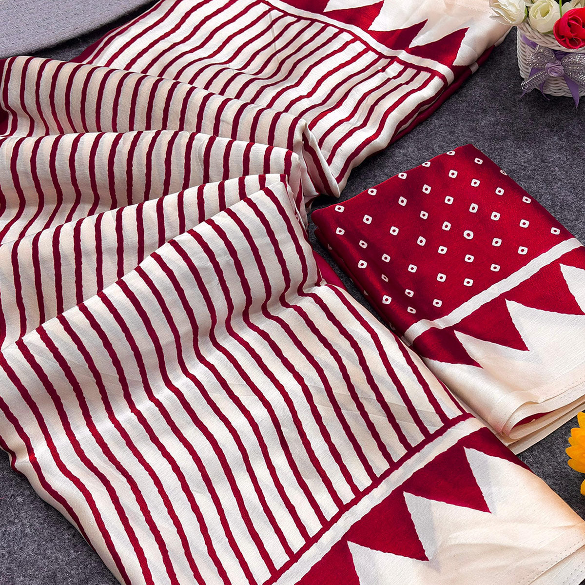 Party Perfect Off White & Pink Saree Crafted in Cream Crepe Fabric with Striped Print