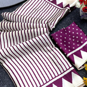 Party Perfect Off White & Purple Saree Crafted in Cream Crepe Fabric with Striped Print