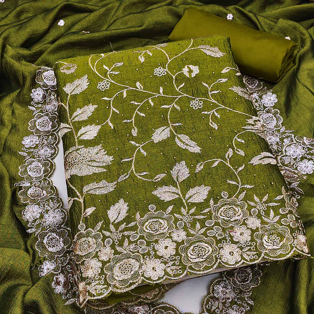 Mehendi Green Vichitra Silk Dress Material With Delicate Floral Embroidery & Sparkling Stone Accent