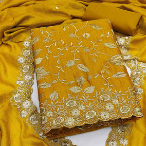 Mustard Vichitra Silk Dress Material With Delicate Floral Embroidery & Sparkling Stone Accents