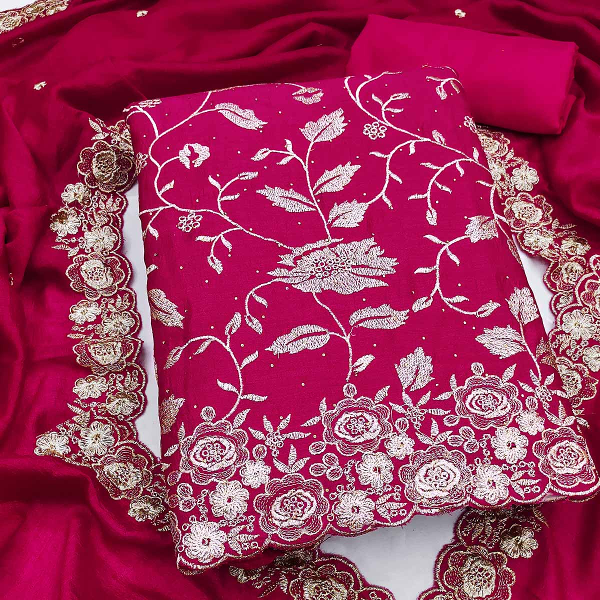 Rani Pink Vichitra Silk Dress Material With Delicate Floral Embroidery & Sparkling Stone Accents