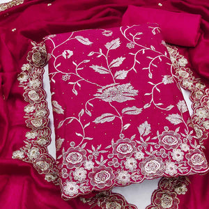 Rani Pink Vichitra Silk Dress Material With Delicate Floral Embroidery & Sparkling Stone Accents