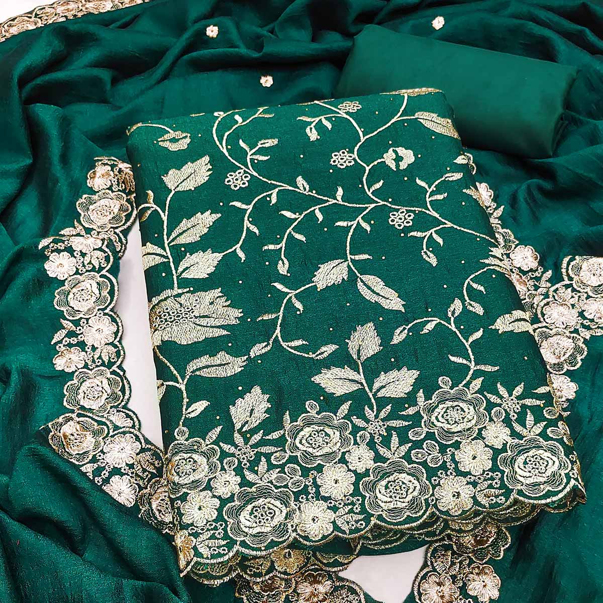 Teal Green Vichitra Silk Dress Material With Delicate Floral Embroidery & Sparkling Stone Accents