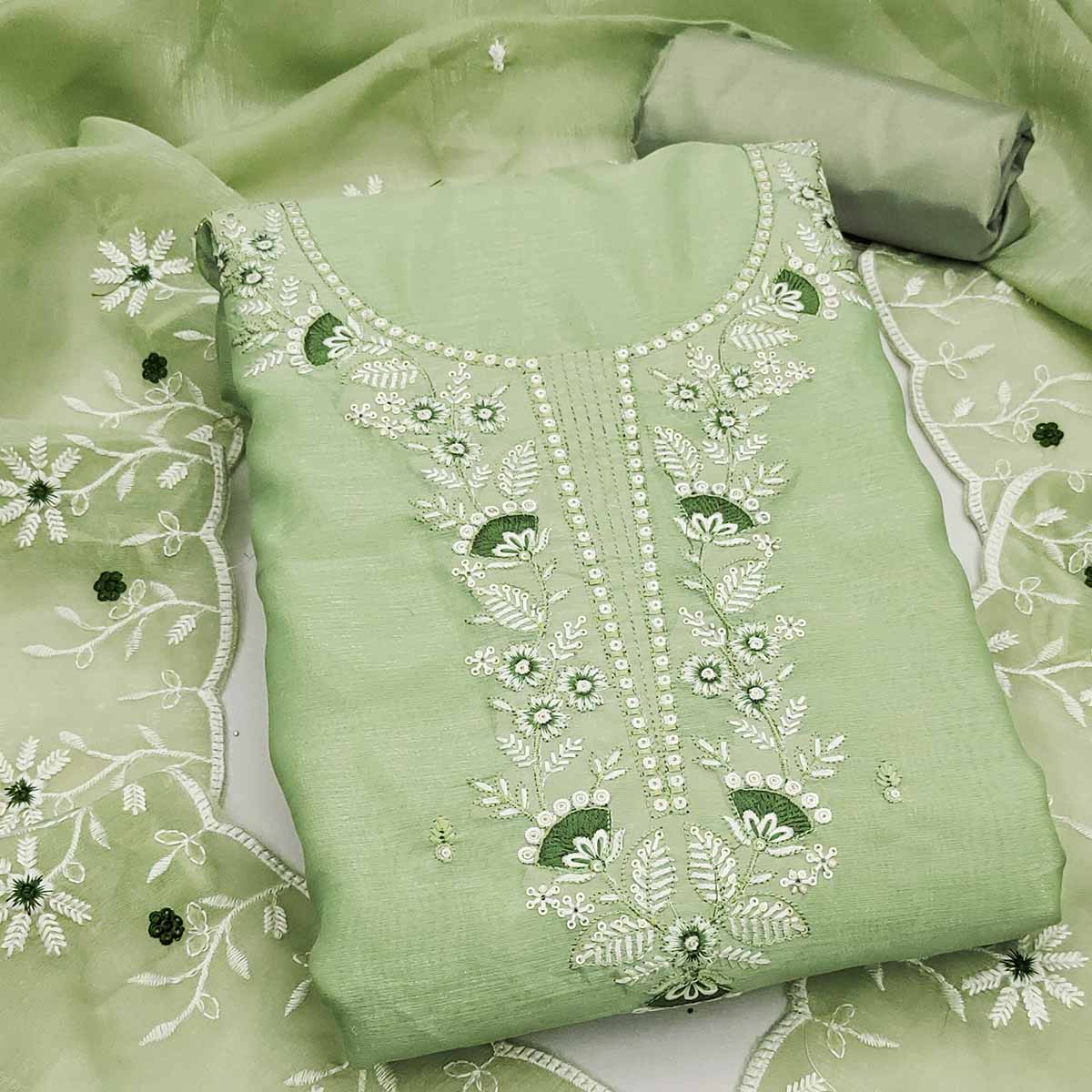 Green Art Silk Dress Material With Graceful Floral Thread Embroidery & Sparkling Sequins