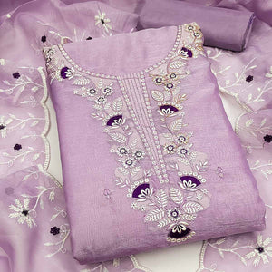 Lavender Art Silk Dress Material With Graceful Floral Thread Embroidery & Sparkling Sequins