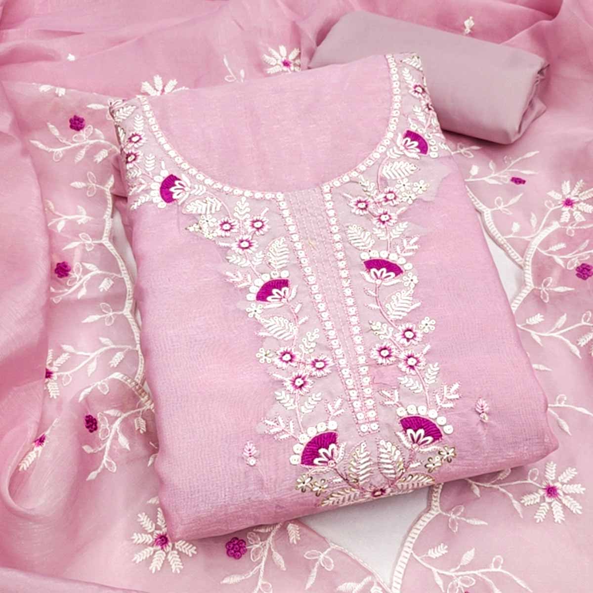 Pink Art Silk Dress Material With Graceful Floral Thread Embroidery & Sparkling Sequins