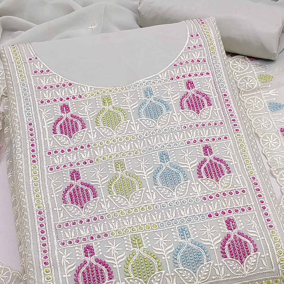 Sophisticated Grey Georgette Dress Material Accented With Ornate Floral Thread Embroidery