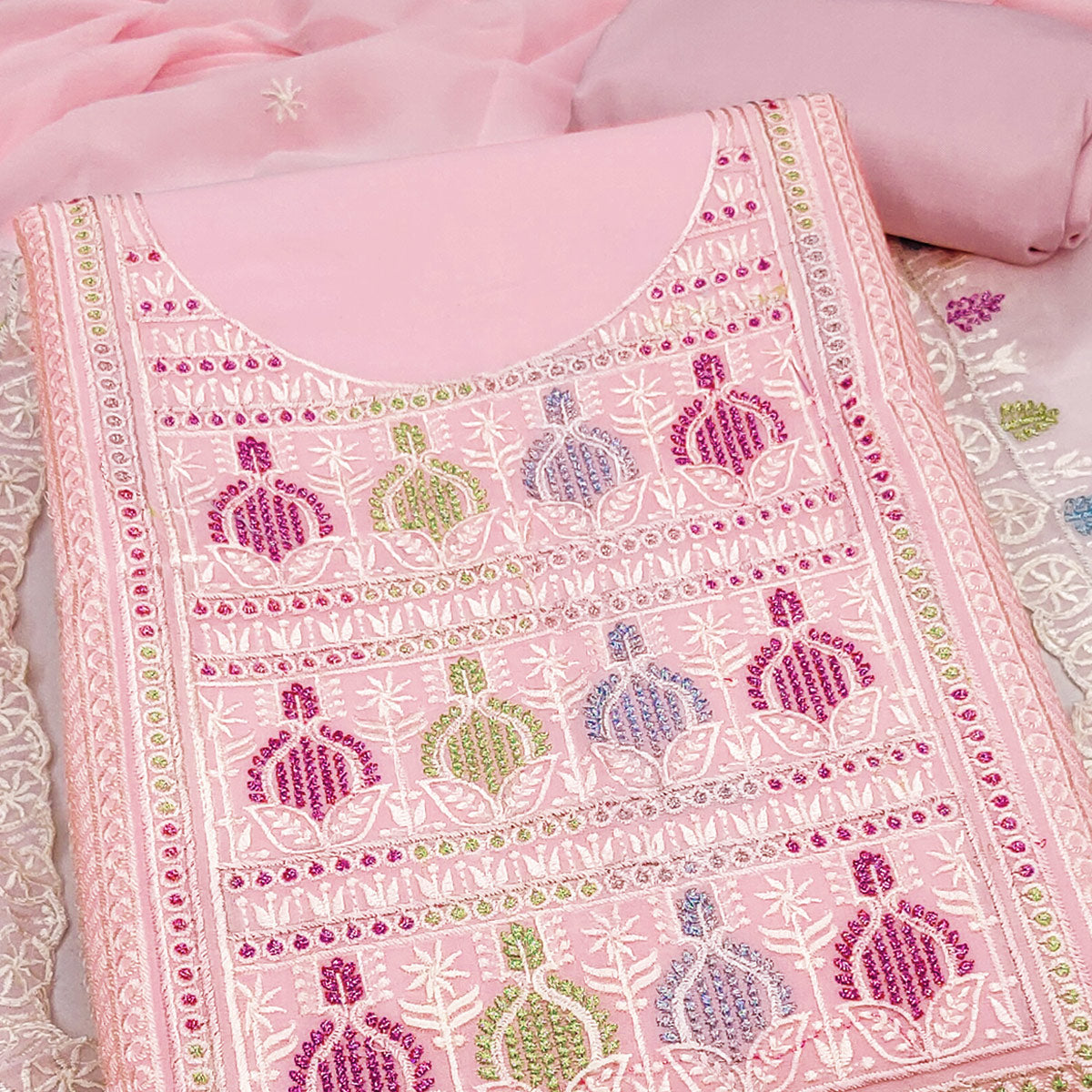 Sophisticated Pink Georgette Dress Material Accented With Ornate Floral Thread Embroidery